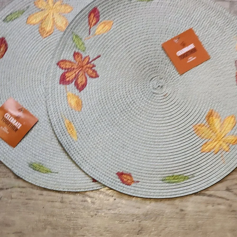 NEW 2 Set Celebrate Together Gray Embroider Fall Leaves Woven 15